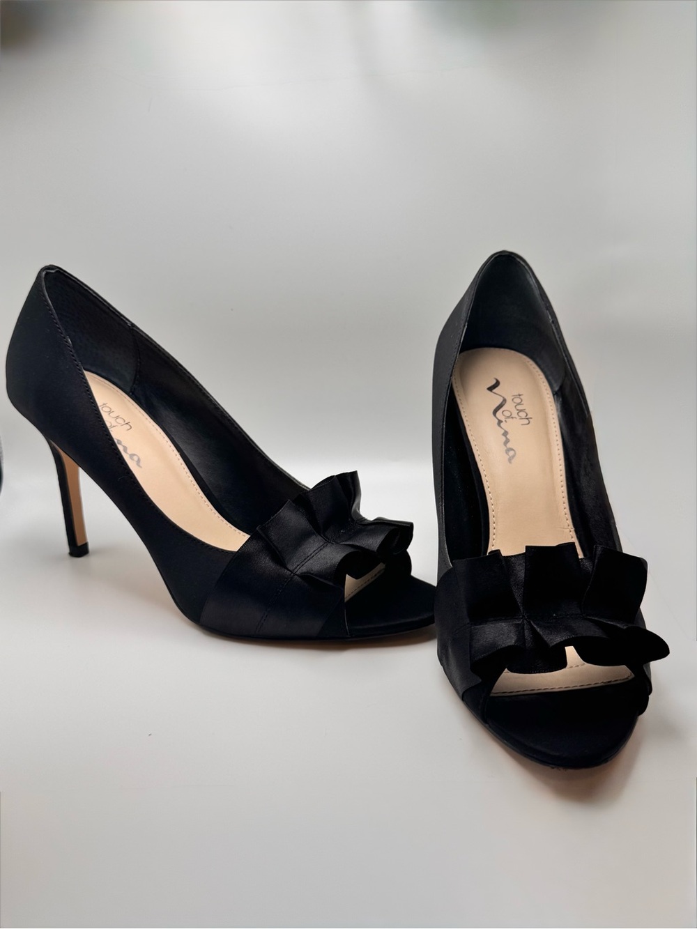 Nina Black Satin Peep-Toe Heels with Decorative Bow
